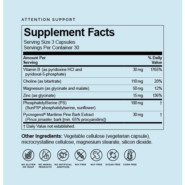 Attention Support Supplement Facts Label
