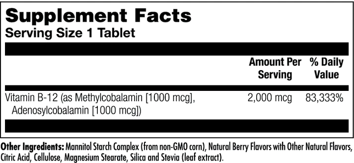 B-12 2000 mcg Dual Source Berry supplement facts | KAL