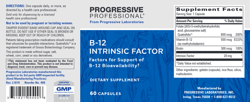 B-12 Intrinsic Factor (Progressive Labs) Label