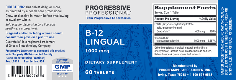 B-12 Lingual 1000 mcg (Progressive Labs) Label