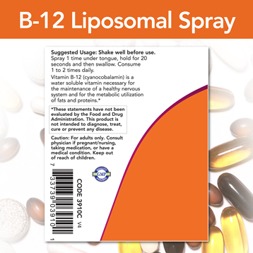 B-12 Liposomal Spray 1000 mcg (NOW) Label
