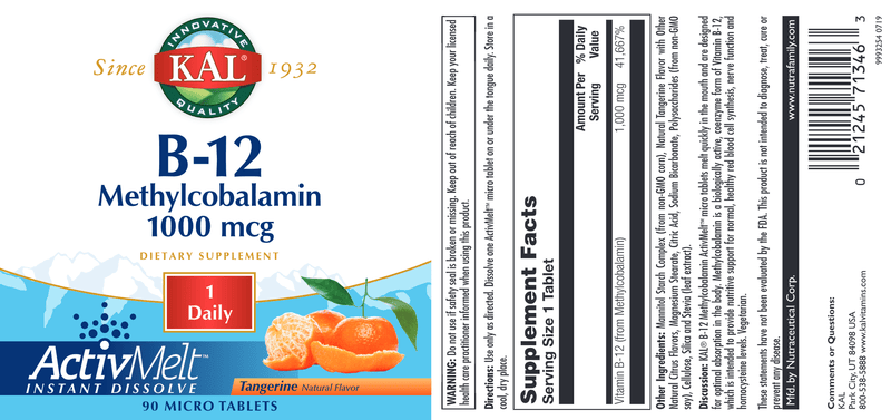 B-12 Methylcobalamin 1000 mcg Tangerine label | KAL