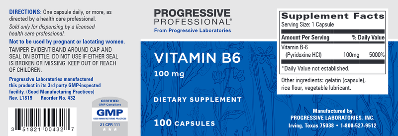 B-6 100 mg (Progressive Labs) Label