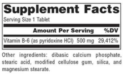 B-6 500 mg Supplement Facts Label