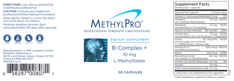 B-Complex + 10 mg L-Methylfolate (MethylPro) label