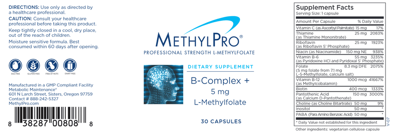 B-Complex + 5 mg L-Methylfolate (MethylPro) 30ct label
