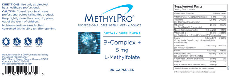 B-Complex + 5 mg L-Methylfolate (MethylPro) 90ct label