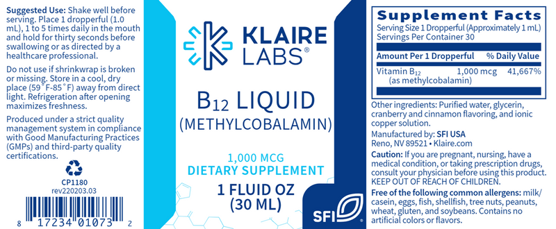 B12 Liquid (methylcobalamin) 1mg (Klaire Labs) Label