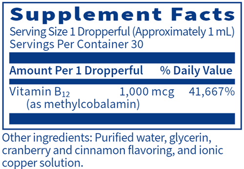 B12 Liquid (methylcobalamin) 1mg (Klaire Labs) supplement facts