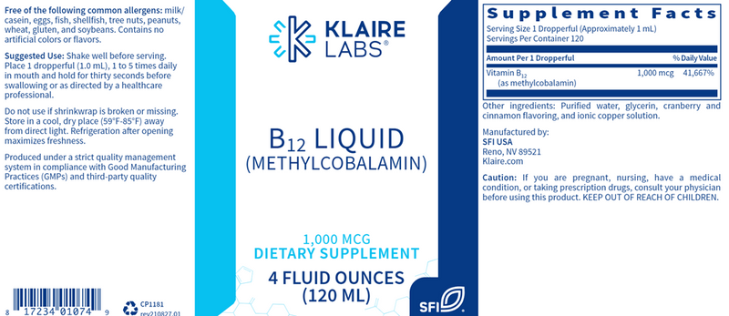 B12 Liquid (methylcobalamin) 1mg (Klaire Labs) Label