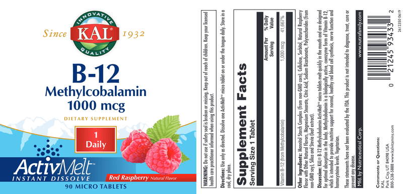 B12 Methylcobalamin 1000 mcg Raspberry label | KAL