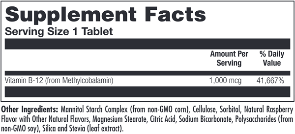 B12 Methylcobalamin 1000 mcg Raspberry supplement facts | KAL