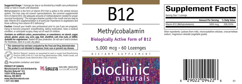 B12 Methylcobalamin 5000 mcg (Bioclinic Naturals) Label