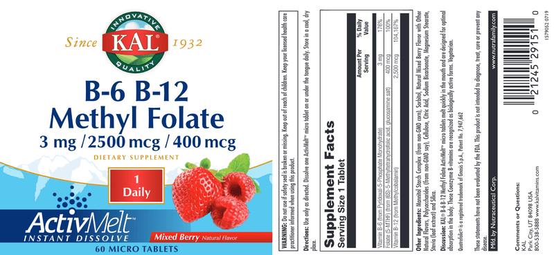 B6 B12 Methyl Folate ActivMelt Berry label | KAL