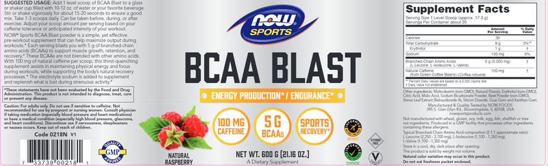 BCAA Blast Powder Raspberry Flavor (NOW) Label