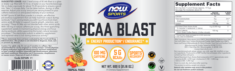 BCAA Blast Powder Tropical Punch (NOW) Label
