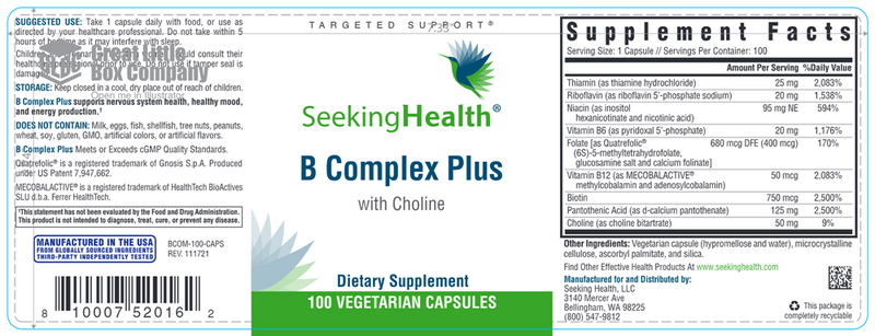 B Complex Plus Seeking Health Label