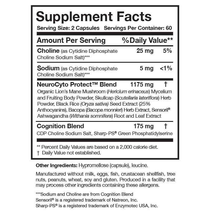 BDNF Essentials Supplement Facts Label