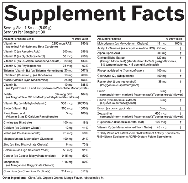Bright Minds Memory Powder Supplement Facts Label