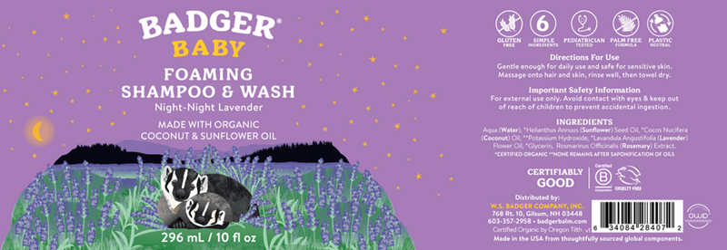 baby night-night foaming shampoo & wash (badger) label
