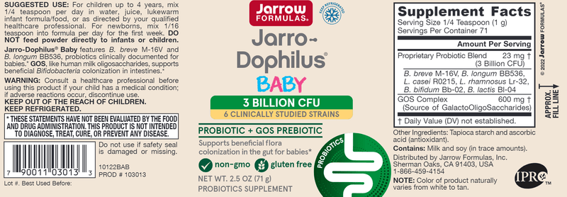 Babys Jarro-Dophilus+GOS Powder Jarrow Formulas label