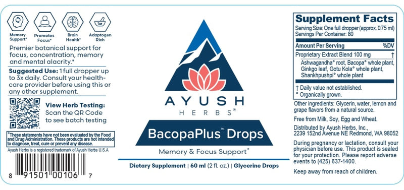 Bacopa Plus Drops (Ayush Herbs) label
