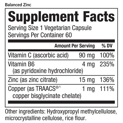 Balanced Zinc Supplement Facts Label