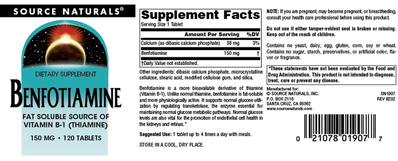 Benfotiamine 150 mg (Source Naturals) Label