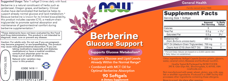 Berberine Glucose Support (NOW) Label