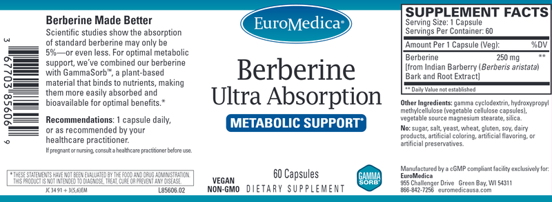 Berberine Ultra Absorb (Euromedica) Label
