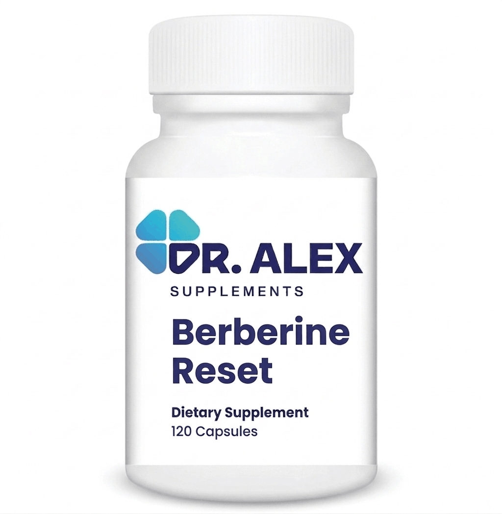 berberine reset, AMPK support supplement, GDA supplement, front image of Berberine Reset bottle by Doctor Alex Supplements