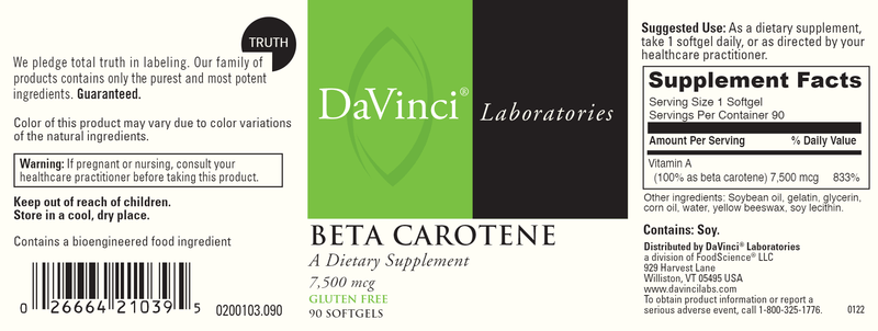 Beta Carotene (DaVinci Labs) label