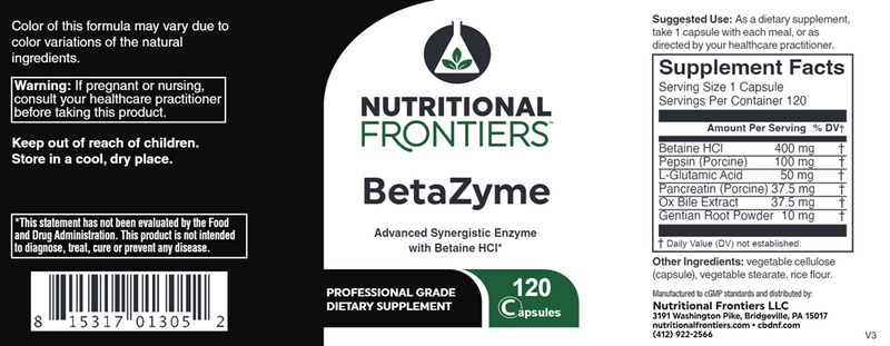 BetaZyme Nutritional Frontiers Label