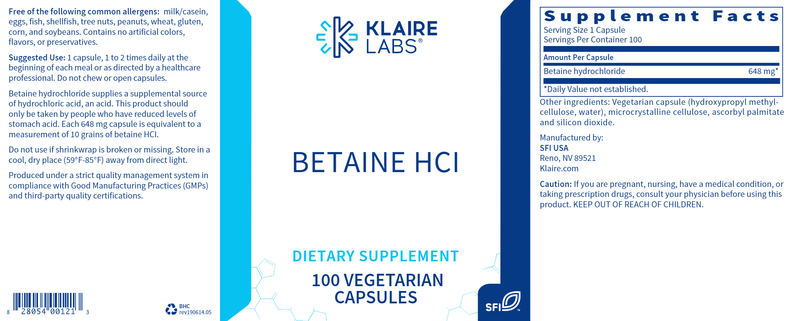 Betaine HCI (Klaire Labs) Label