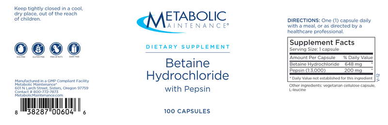 Betaine HCl with Pepsin (Metabolic Maintenance) label