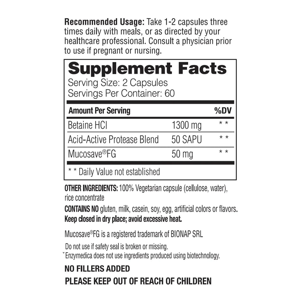 Betaine HCL Supplement Facts Label