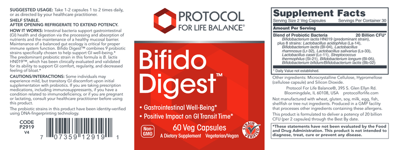 Bifido Digest (Protocol for Life Balance) Label