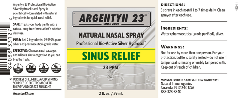 Bio-Active Silver Hydrosol Nasal Spray 2oz (Argentyn 23) label