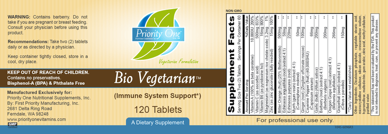 Bio-Vegetarian (120 Tablets) (Priority One Vitamins) label
