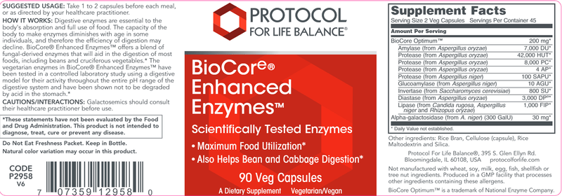BioCore Enhanced Enzymes (Protocol for Life Balance) Label