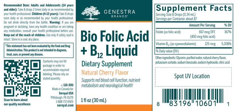 Bio Folic Acid + B12 Liquid label Genestra