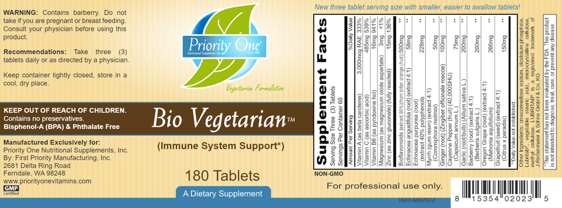 Bio Vegetarian 180ct (Priority One Vitamins) label