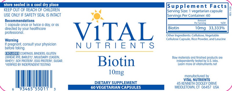 Biotin 10 mg (Vital Nutrients) Label