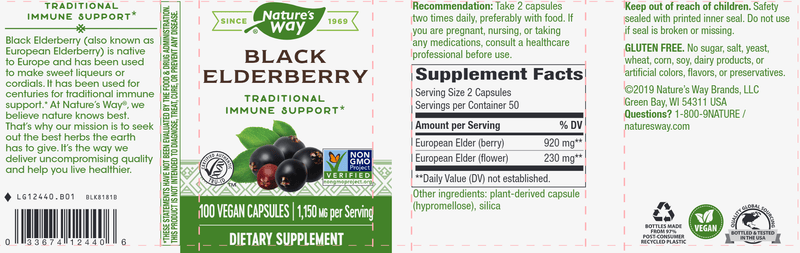 Black Elderberry 100 veg capsules (Nature's Way) Label