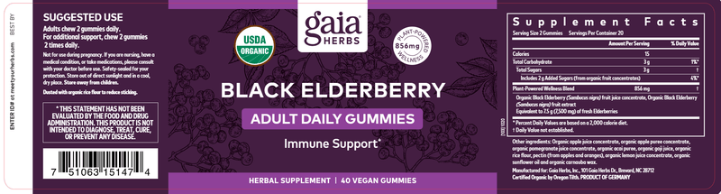 Black Elderberry Adult Daily 40ct Gaia Herbs label