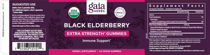 Black Elderberry Extra Strength 40ct Gaia Herbs label