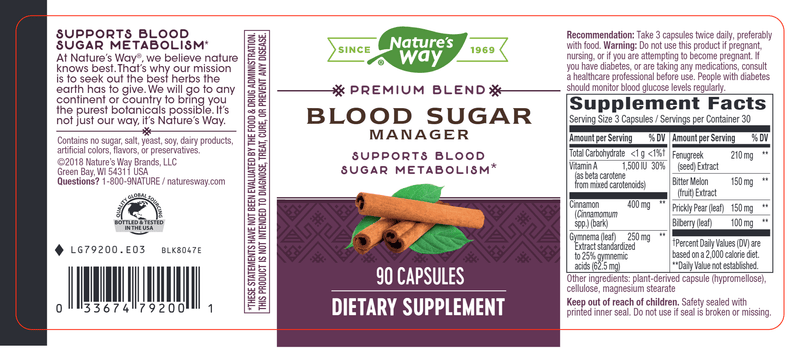 Blood Sugar Manager 90 Veg Capsules (Nature's Way) Label
