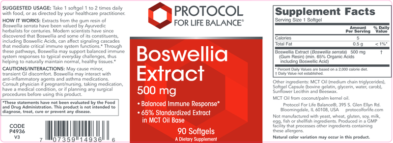 Boswellia Extract 500mg (Protocol for Life Balance) Label