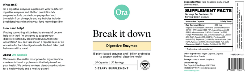 Break It Down: Digestive Enzymes Capsules (Ora Organic) Label