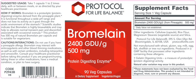 Bromelain 2400 GDU/g 500 mg (Protocol for Life Balance) Label